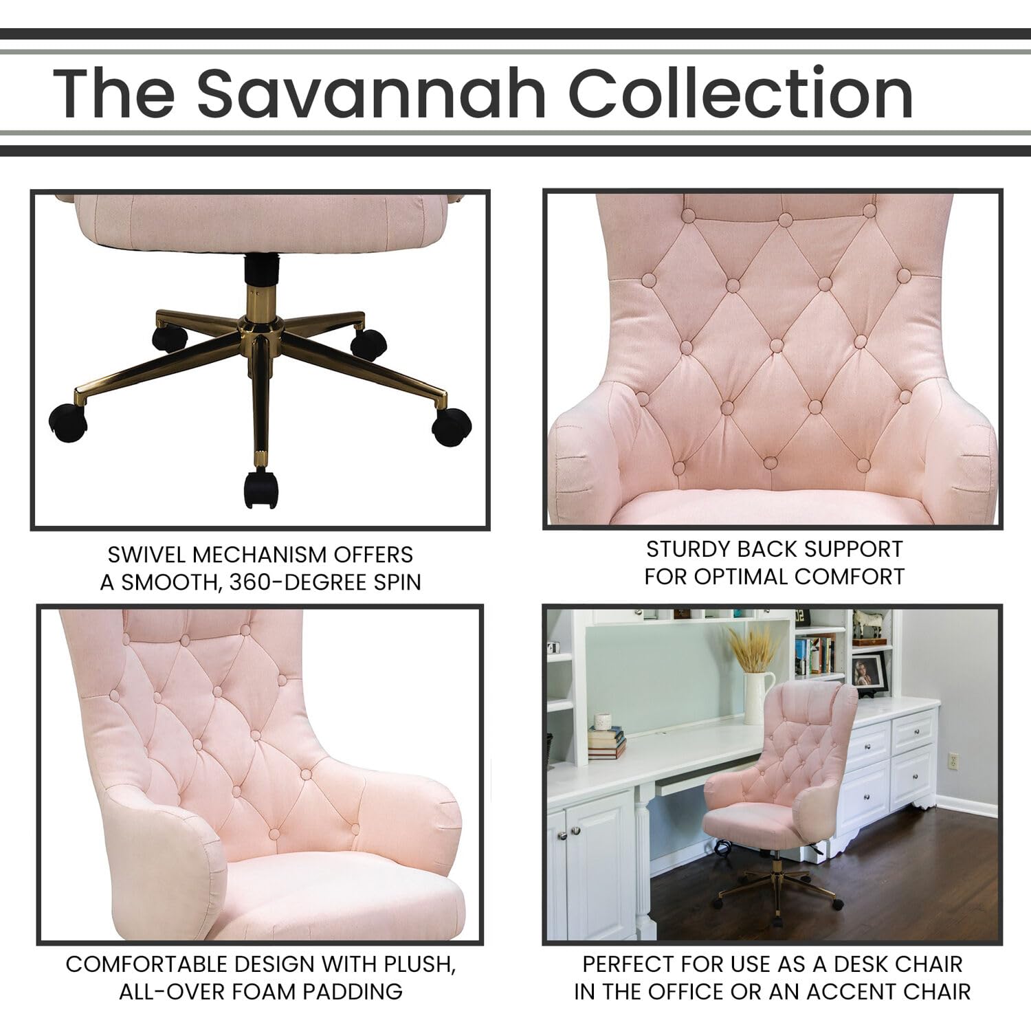 Hanover Savannah High Back Tufted Pink Ergonomic Office Chair with Lumbar Support & Adjustable Height - Rolling Computer Desk Chair with Wheels & Gas Lift - Perfect for Home Office, Gaming & Workspace