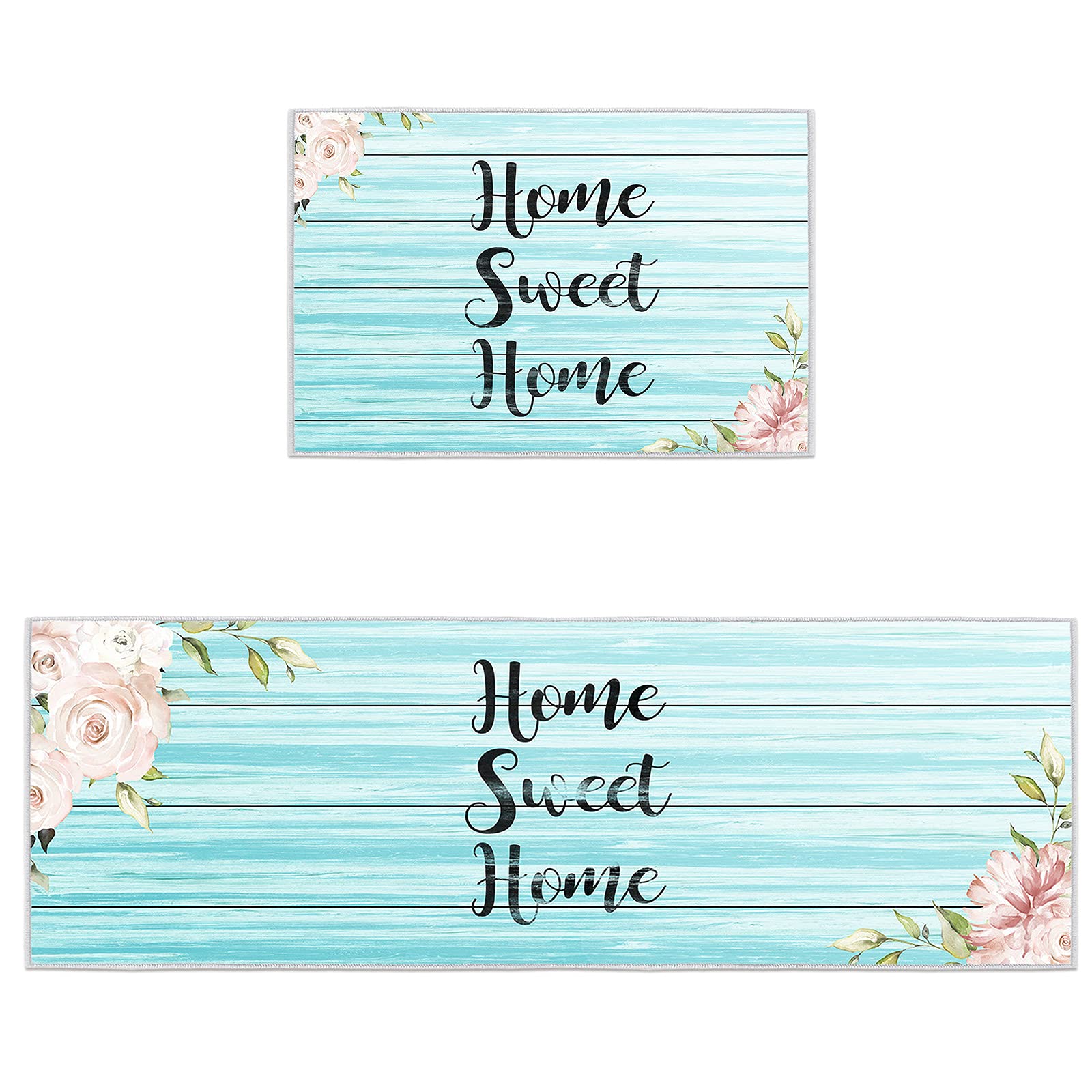 LBHAUSE 2-Piece Non-Slip Kitchen Rug Set with Sweet Flower Design - Absorbent Cushioned Floor Mats for Standing Comfort - Perfect for Kitchen, Sink Area & Indoor Entrance - Blue Wooden Grain Home Decor (Ideal for Cooking, Dishwashing & High-Traffic Areas)