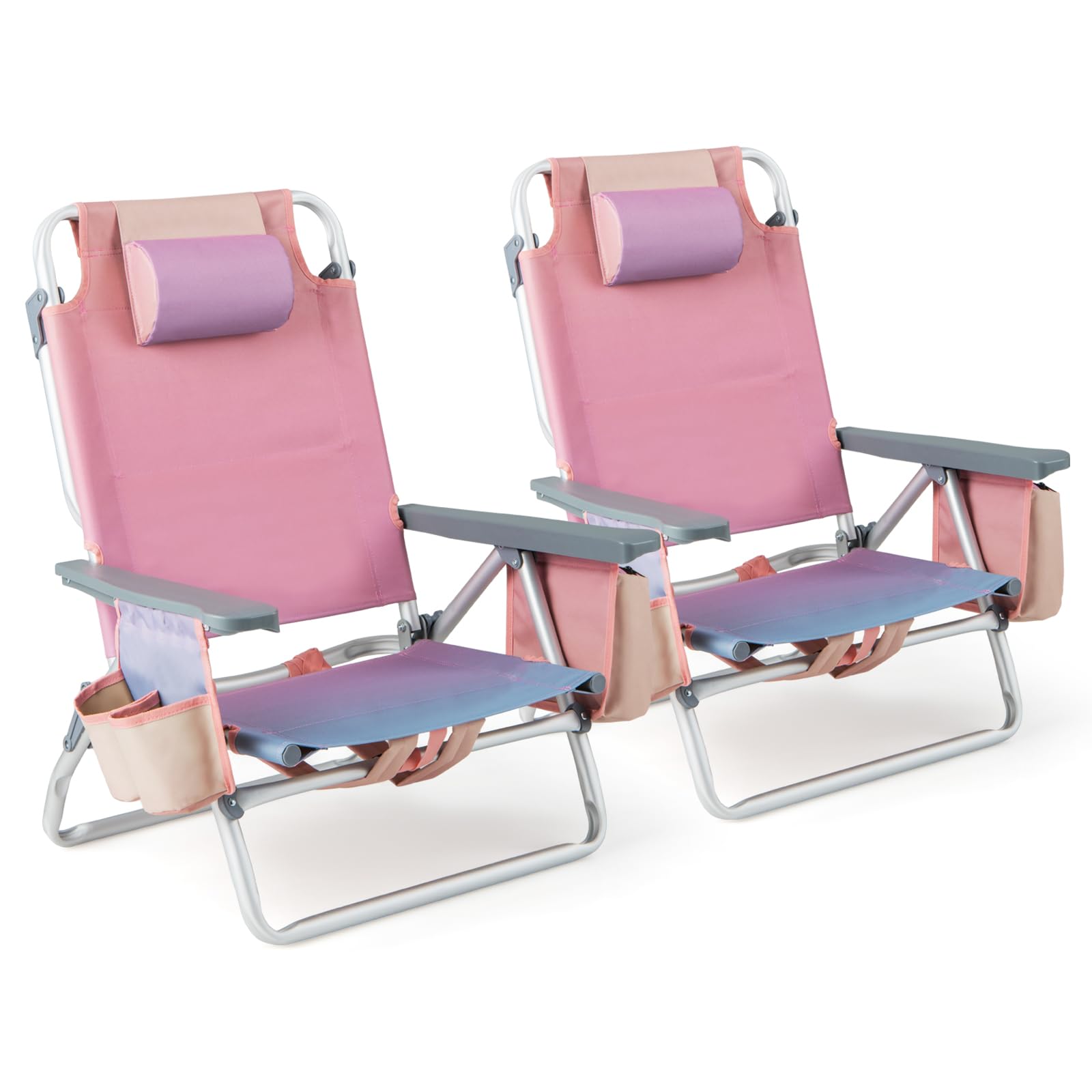 GYMAX 2-Pack Portable Beach Chairs with Cooler Bag & Cup Holder - Lightweight Folding Camping Chairs with Armrests, Towel Bar & Side Pockets for Outdoor, Backyard, Pool Party, Beach Sunbathing (Pink)