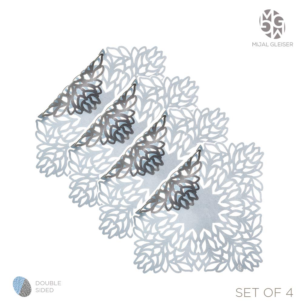 Mijal Gleiser Double Sided Heat Resistant Placemats - Non-Slip, Stain Resistant Table Mats Set of 4 (Sea Flower Collection Baby Blue & Lead Gray) - Perfect for Dining Tables, Kitchen Countertops, and Outdoor Picnics