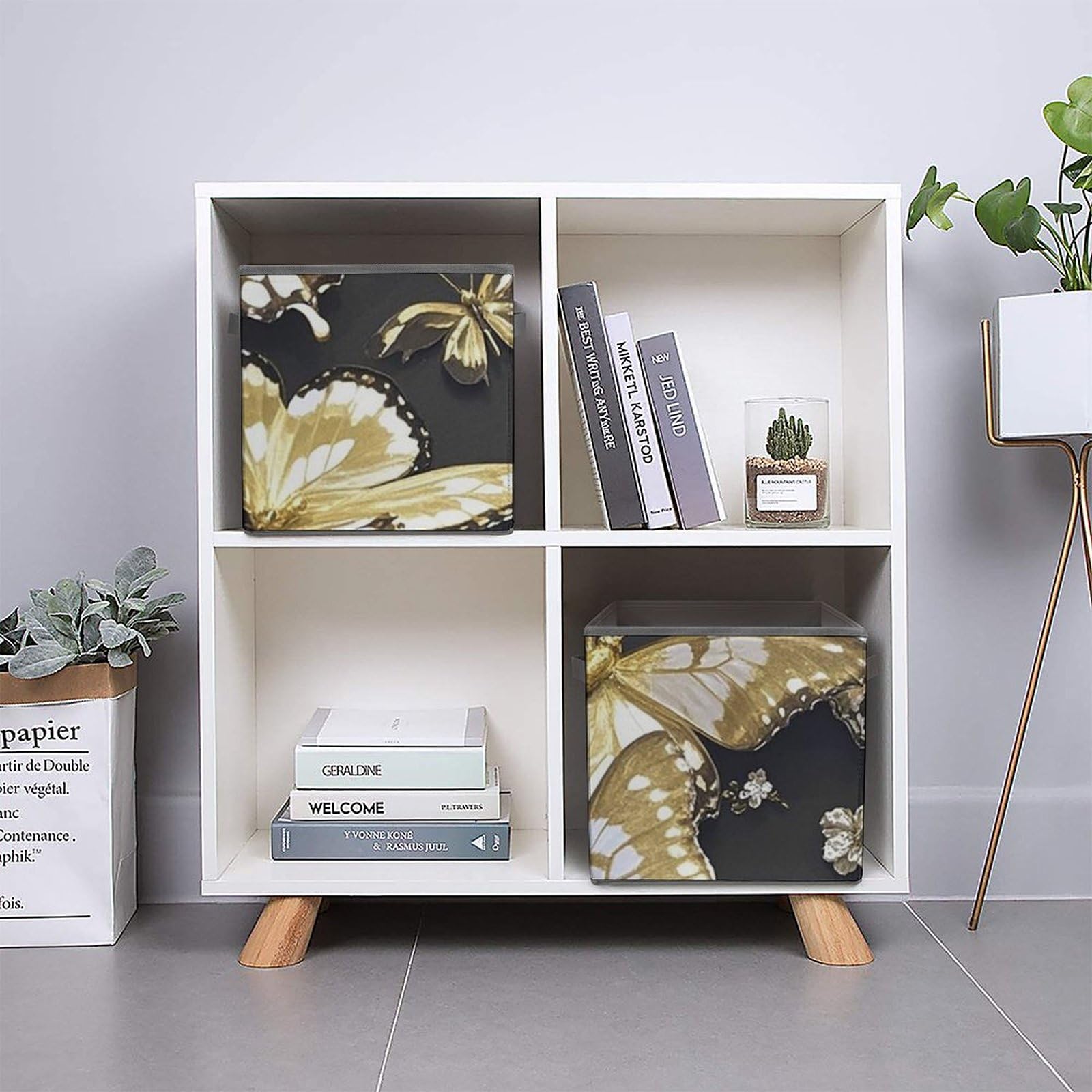 Gold & White Butterfly Pattern Collapsible Storage Bins - Large Capacity 10.6