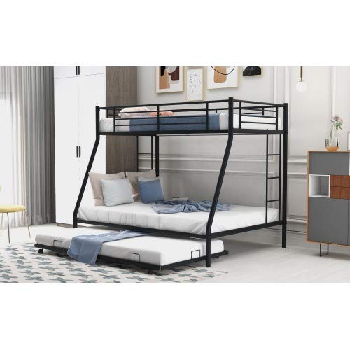 Twin Over Full Bunk Bed with Sturdy Steel Frame & Twin Size Trundle - Space-Saving Kids Bunk Bed with Dual Ladders (Black) - Perfect for Shared Kids' Bedrooms, Dorms, and Small Spaces