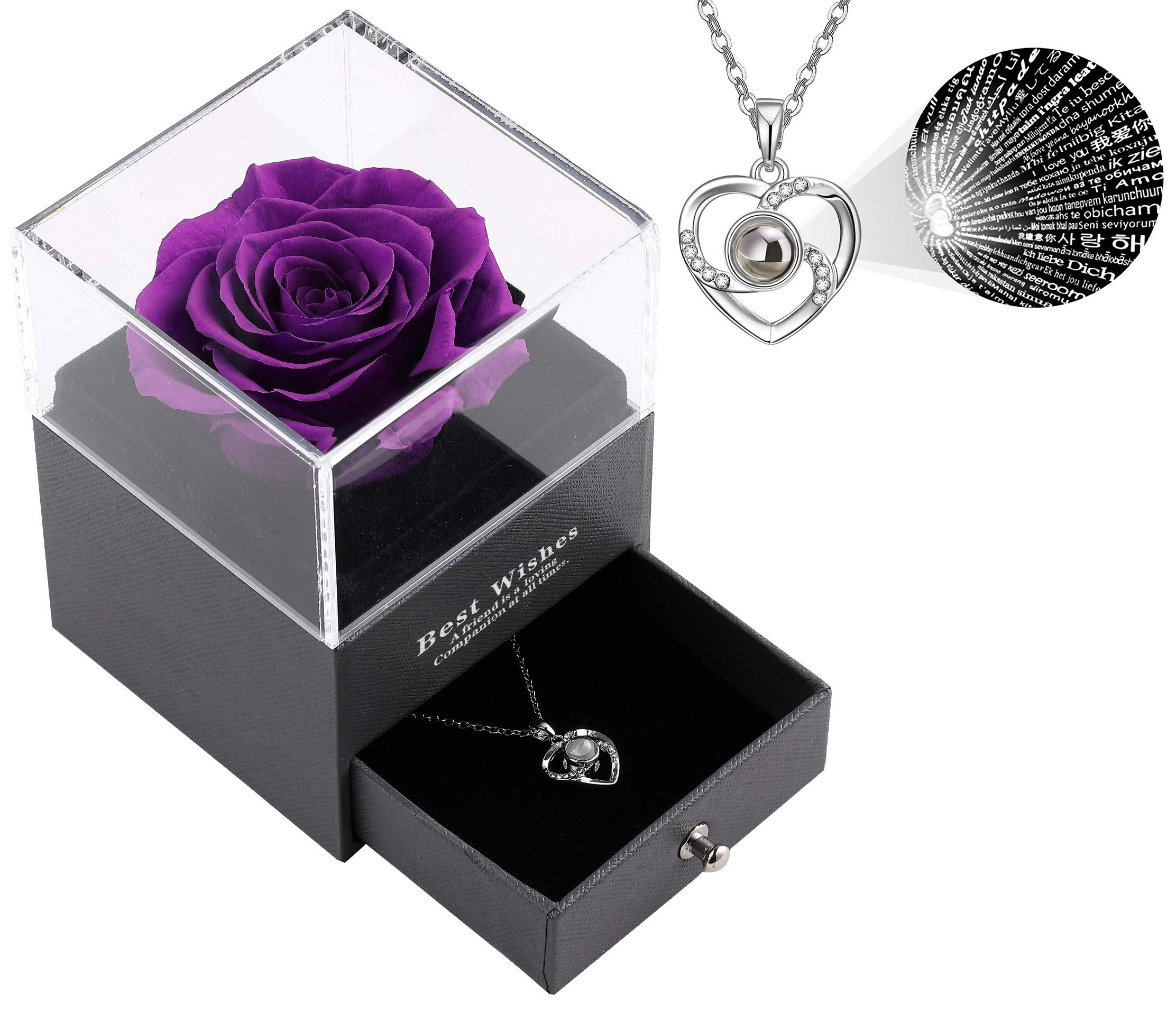 Enchanted Eternal Preserved Real Rose Gift Box with 'I Love You' Necklace in 100 Languages - Handmade Forever Rose Flower for Her (Silver Purple) - Perfect for Anniversaries, Valentine's Day & Romantic Surprises