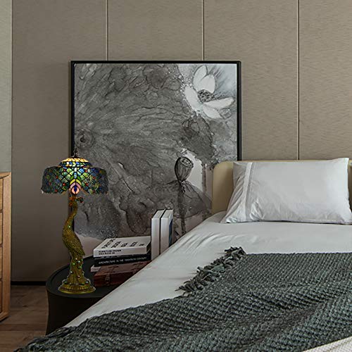 LITFAD Tiffany Style Peacock Desk Lamp - Handcrafted Stained Glass Shade with Brass Base, Adjustable Task Light for Home Office, Bedroom Nightstand, Reading Nook - Perfect Study & Decorative Lighting