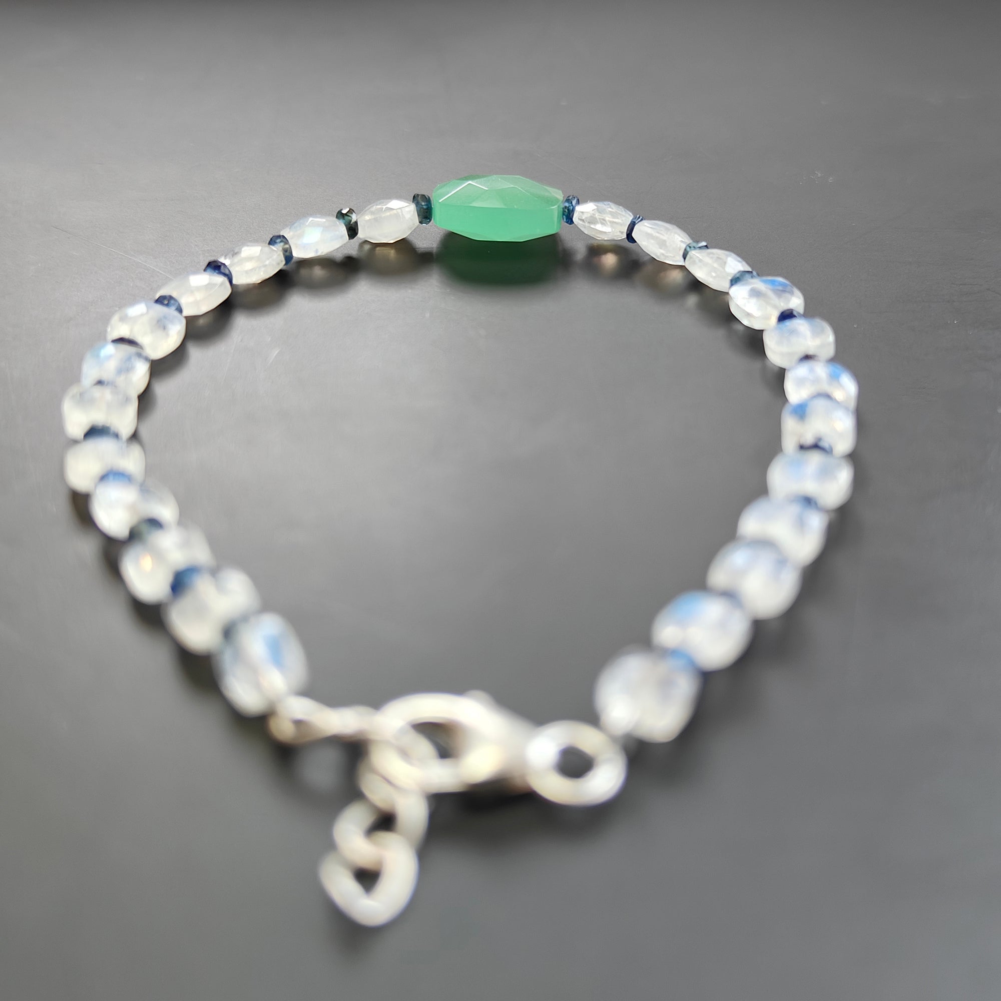 Green Quartz Rainbow Moonstone Blue Sapphire 925 Sterling Silver Beaded Bracelet - 3.56gms Briolette Checker Cut Gemstone Jewelry for Women | Perfect for Boho Style, Wedding Accessories & Gift Giving