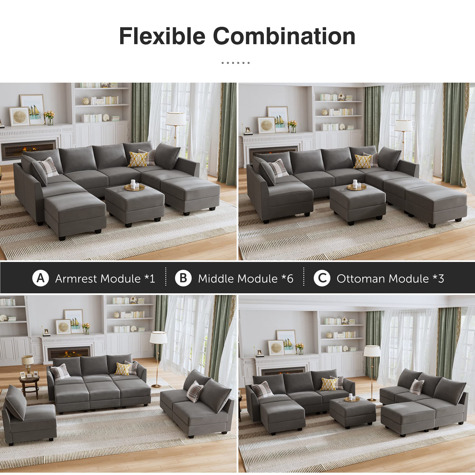 HONBAY Modular Ottoman for Sectional Sofa - Velvet Grey Storage Ottoman Bench with Removable Cushion | Living Room Furniture, Small Space Storage Solution for Home & Apartment