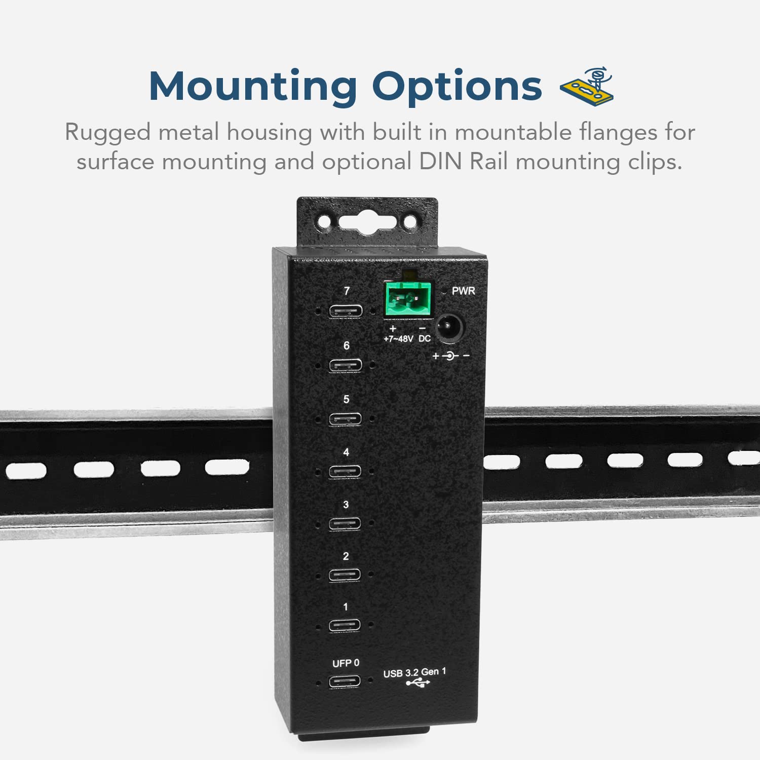 7-Port USB-C 3.2 Hub with 15KV ESD Surge Protection | DIN Rail Mount | High-Speed Data Transfer for Industrial & Office Use