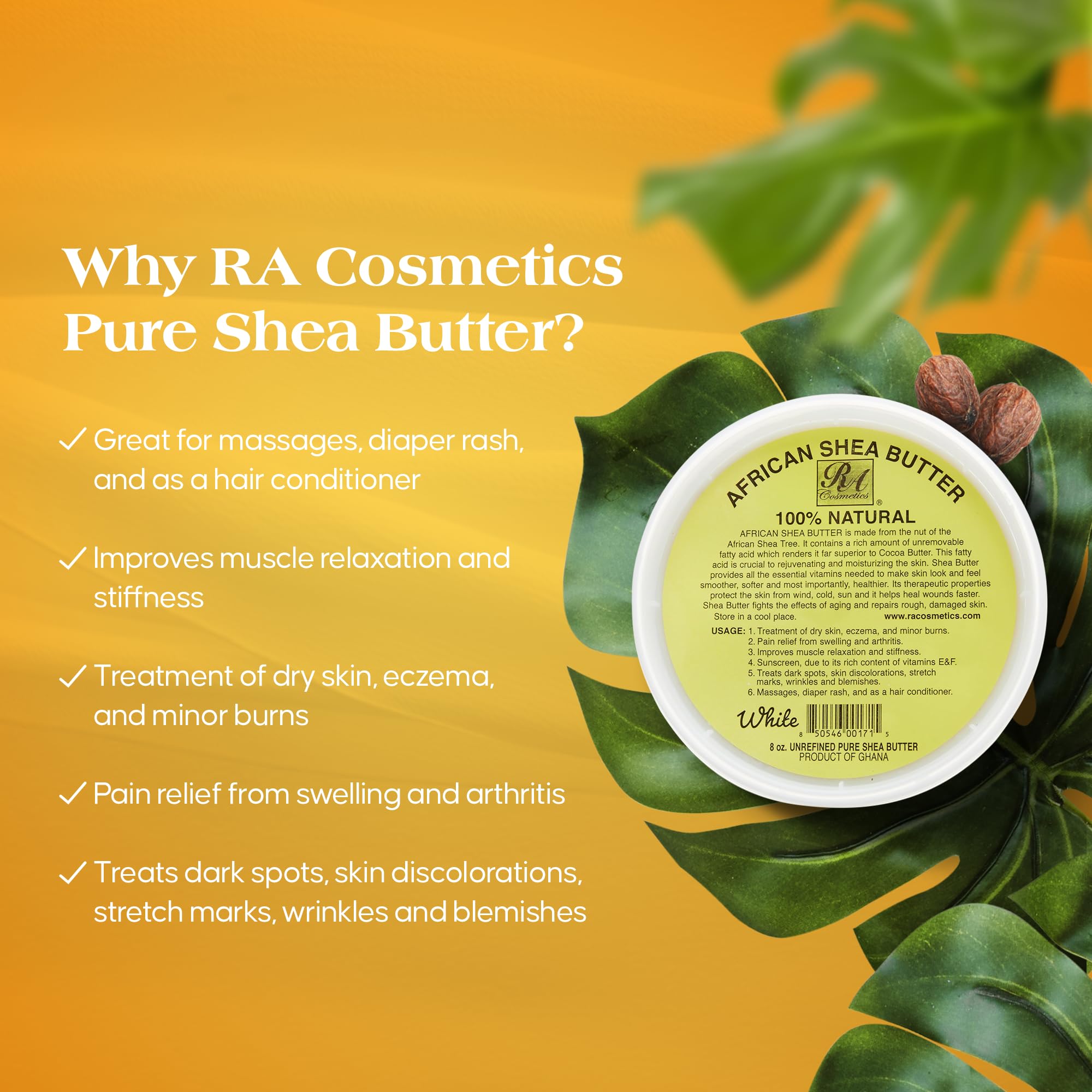 100% Pure Natural Shea Butter for Dry Skin - 8oz Ivory Body Butter from Ghana | Ultra-Rich Moisturizer for Radiant Skin, Stretch Marks, Wrinkles & Blemishes | Perfect for DIY Skincare, Massage & Hair Care