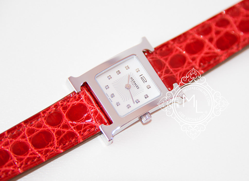 Hermes Diamond H Hour Watch PM Braise Ferrari Red Crocodile Strap - Luxury Women's Wristwatch for Business, Party & Special Occasions