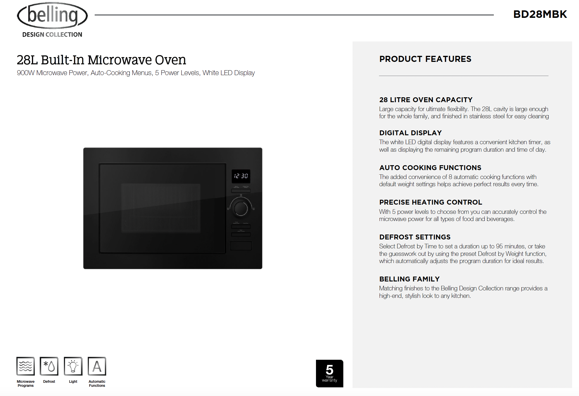 Belling BD28MBK 28 Liter Black Glass Microwave Oven - Compact & Stylish for Small Kitchens, Dorms, and Offices