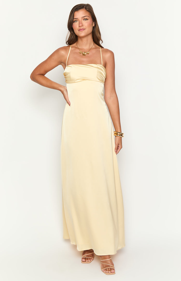Blaise Yellow Satin Maxi Dress for Women - Elegant Long Evening Gown for Parties, Weddings & Special Occasions