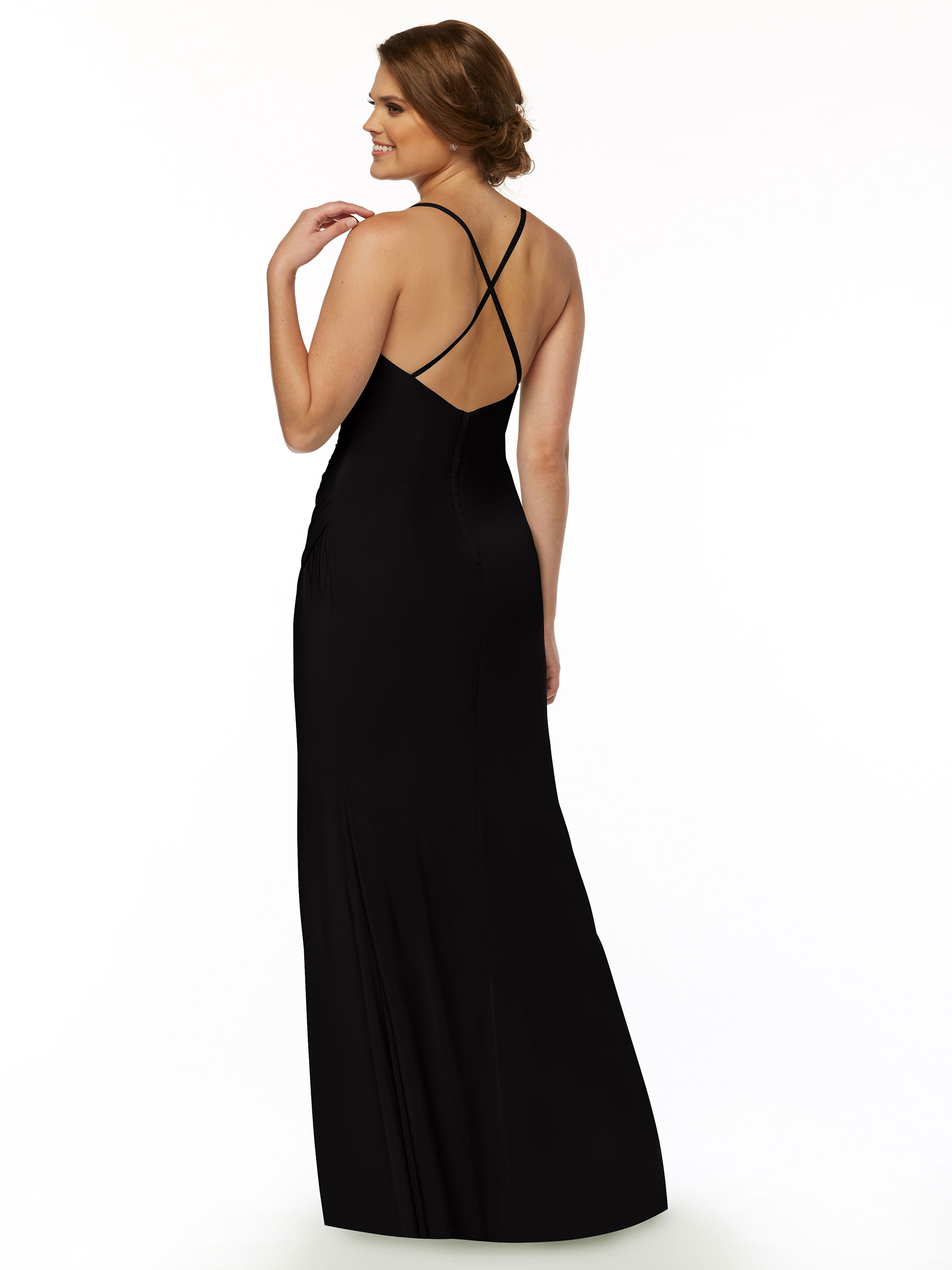 Elegant 80114 Stretch Chiffon Sheath Bridesmaid Dress with Ruching & High Slit - Perfect for Weddings, Formal Events & Evening Parties