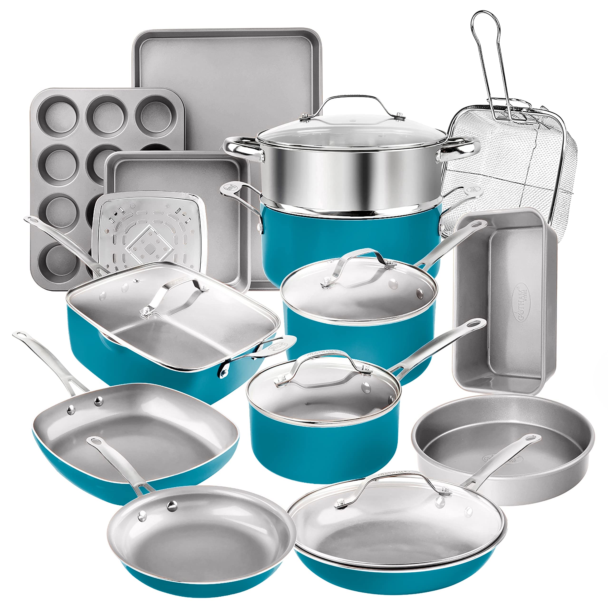 Gotham Steel 20-Piece Nonstick Ceramic Cookware Set - Pots & Pans with Stay-Cool Handles, Dishwasher Safe, Aqua Blue - Perfect for Home Cooking, Baking & Family Meals