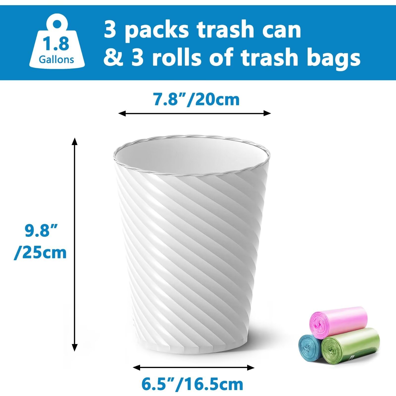 3-Pack Small Bathroom Trash Can 1.8 Gallon with Liners - Round Plastic Waste Basket for Bathroom, Bedroom, Office & Kitchen - Space-Saving Compact Design (White) - Perfect for Tight Spaces & Small Rooms