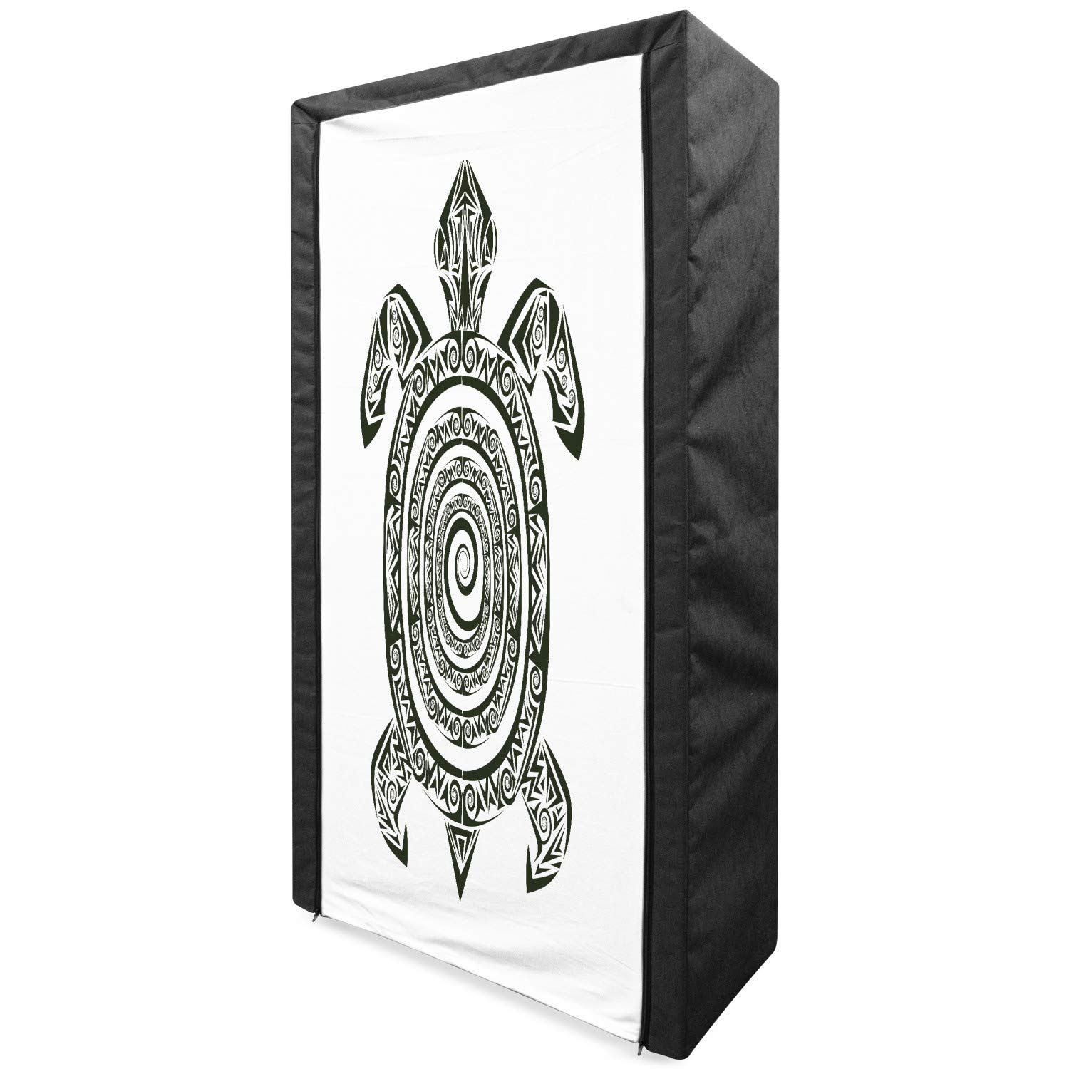 Ambesonne Turtle Fabric Wardrobe - Maori Tattoo Style Sea Animal Tribal Design Portable Clothing Organizer with Shelves, 33.5 Inch Black & White Storage Closet for Bedroom, Closet, Dorm or Travel
