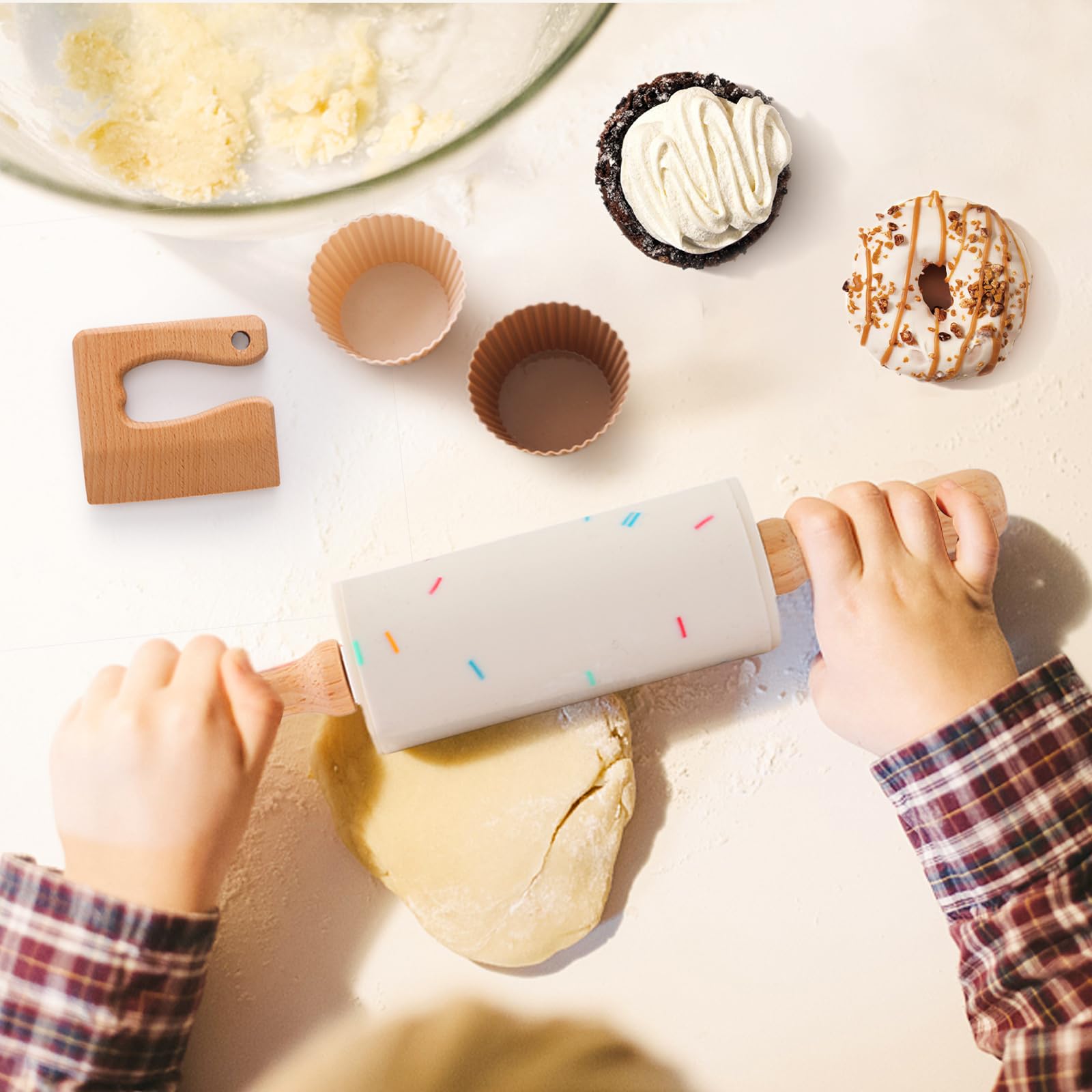 **Wooden Kids Cooking & Baking Set – 14 PCS Montessori Kitchen Tools for Toddlers | Safe Wooden Knife, Cutting Board, Apron & Rolling Pin | Food-Grade Materials for Pretend Play & Real Cooking**    *(Use for Montessori learning, pretend play, baking activities, and early culinary skill development!)*