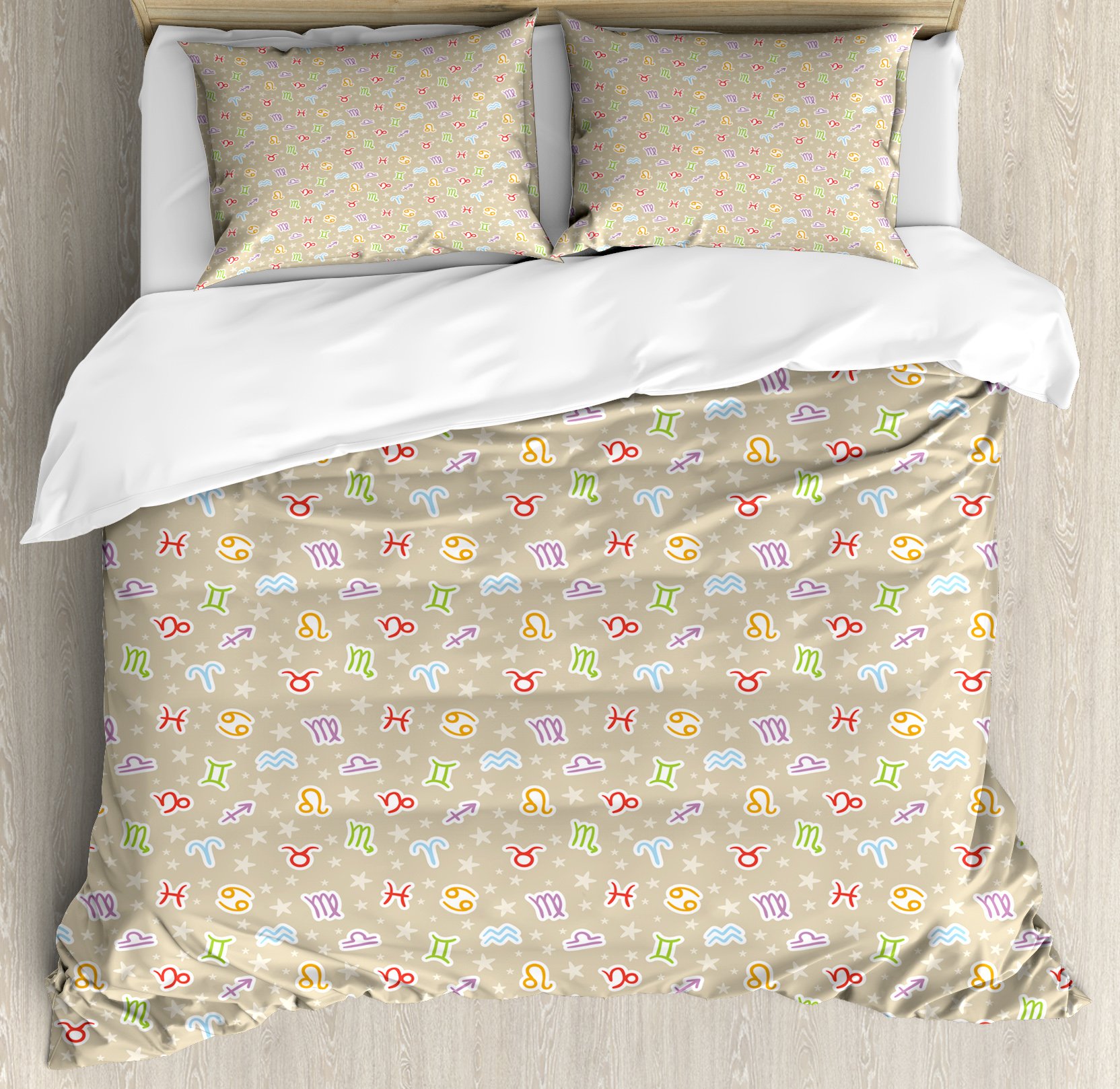 Ambesonne Astrology Duvet Cover Set - King Size 3 Piece Bedding with Zodiac Signs, Stars & Boho Design | Includes Duvet Cover + 2 Pillow Shams | Perfect for Boho Bedroom Decor, Teen Room & Horoscope Lovers | Tan Multicolor Faded Star Pattern