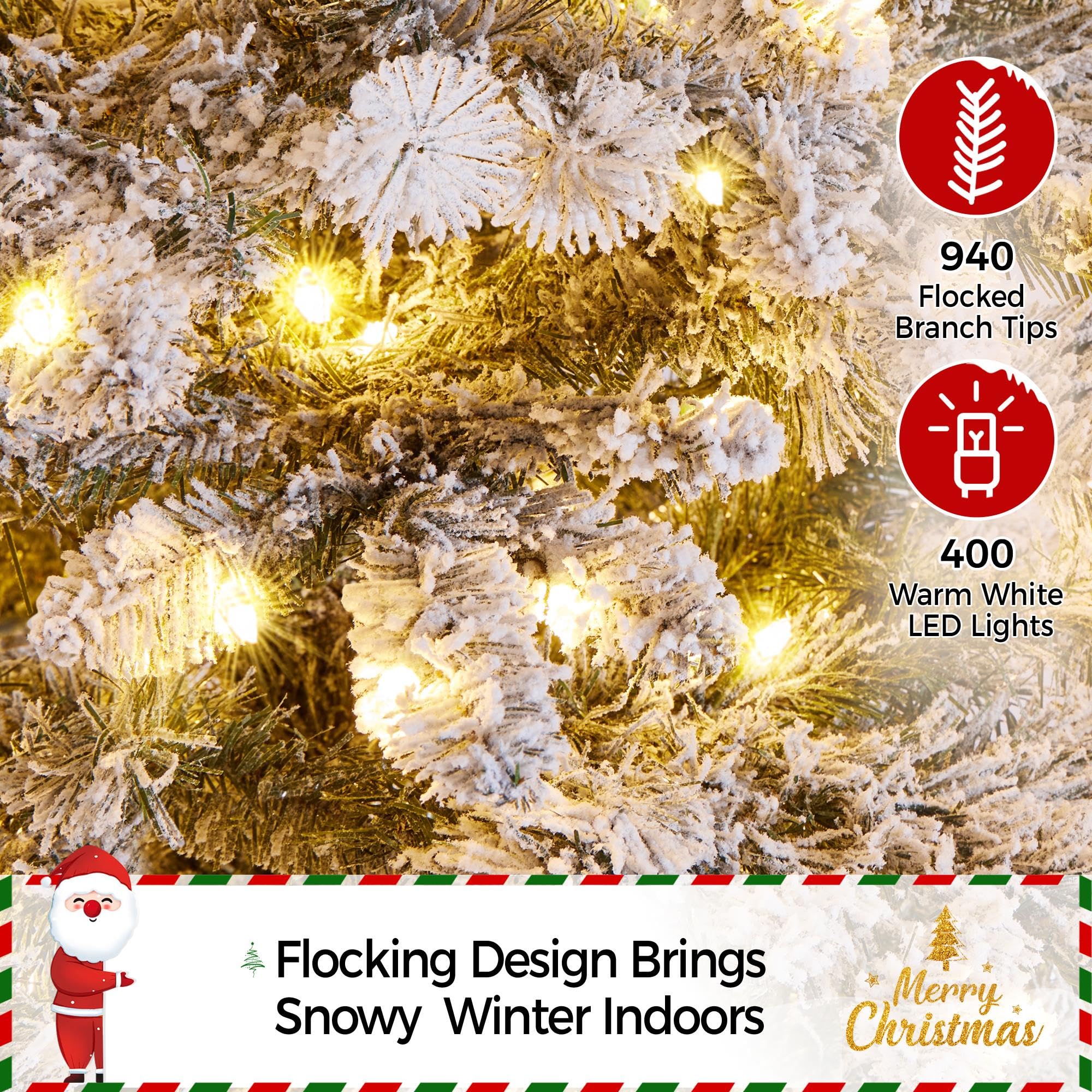 Yaheetech 6ft Pre-Lit Artificial Christmas Tree with 400 Warm White LED Lights & 940 PVC Tips, Hinged Snow Flocked Xmas Tree with Foldable Stand & Protective Foot Caps - Perfect for Home, Office, and Holiday Decorations