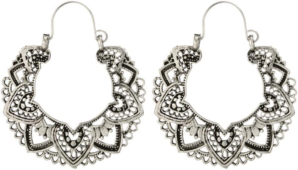 Boho Lotus Earrings for Women - Antique Silver Tribal Ethnic Hoop Dangle Earrings with Enamel Mandala Design - Vintage Large Hollow Carved Drop Earrings - Perfect for Festivals, Boho Fashion & Ethnic Jewelry Collections