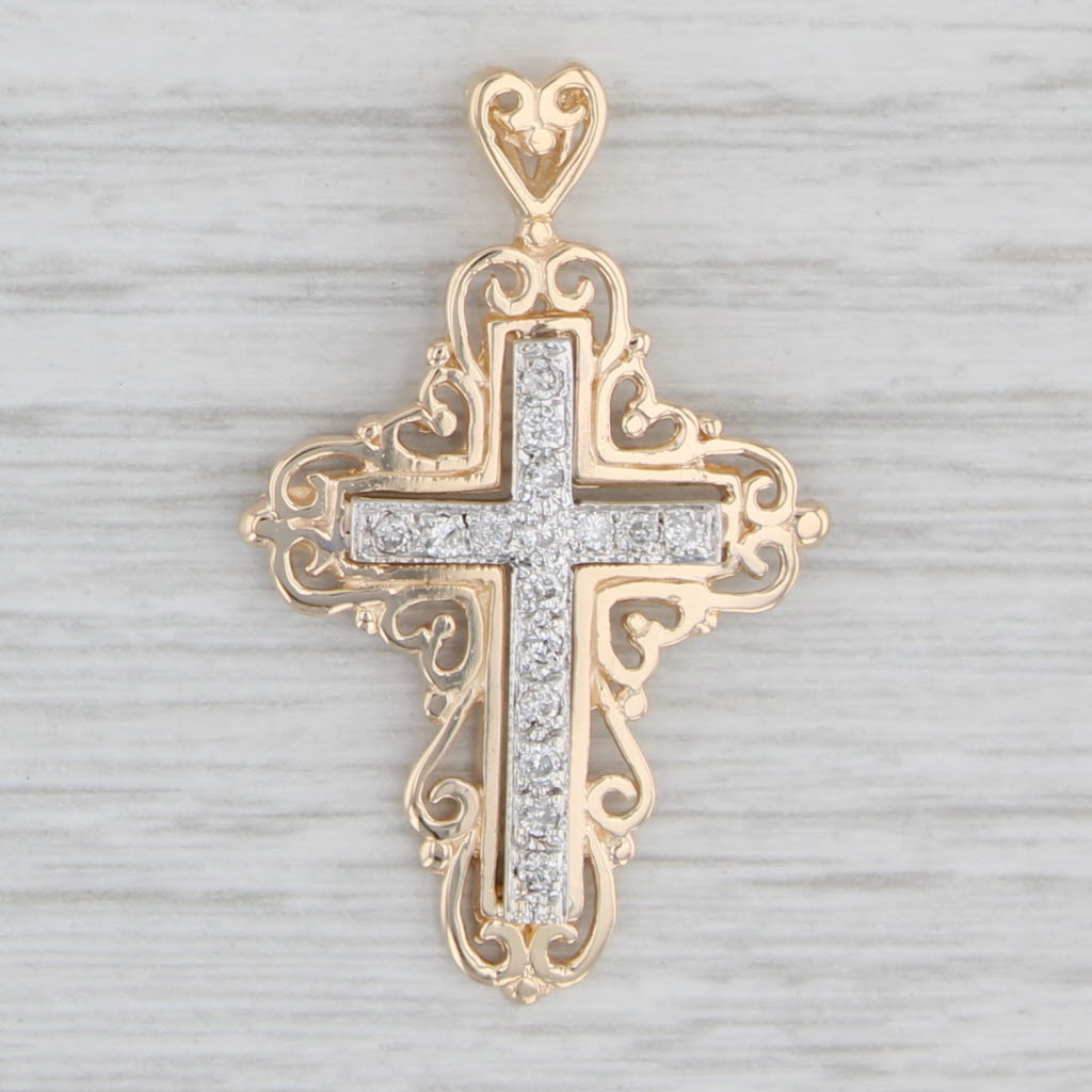0.24ctw Diamond Ornate Cross Pendant in 14k Gold with Heart Bail - Religious Jewelry for Baptism, Confirmation & Daily Faith Inspiration