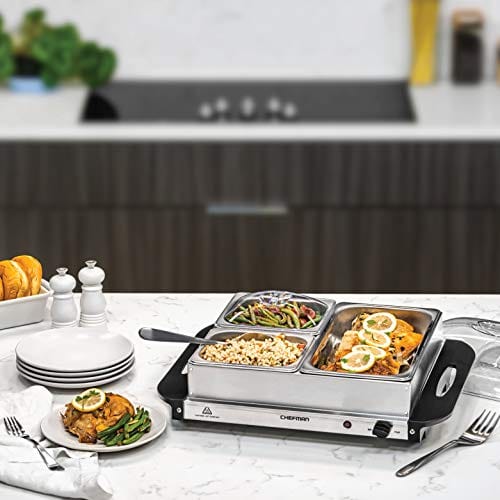 Chefman Electric Buffet Server with Warming Tray - Adjustable Temperature, 3 Stainless Steel Chafing Dishes (14