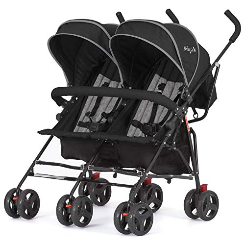 Dream On Me Volgo Twin Umbrella Stroller for Toddlers - Lightweight Compact Double Stroller with Canopy, Black | Perfect for Travel, Shopping & Daily Walks with Twins