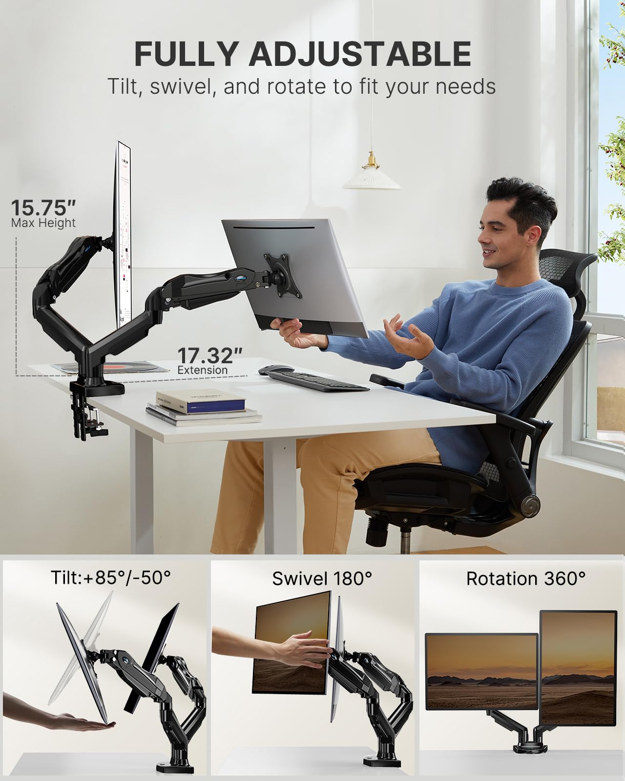 HUANUO Dual Monitor Stand for 30 Inch Screens & Single Monitor Stand for 35 Inch Screens - Adjustable Ergonomic Desk Mount for Home Office, Gaming, and Workspace Setup