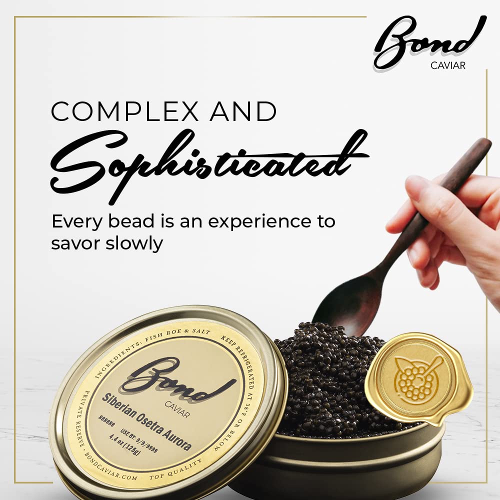 Premium Bond Siberian Osetra Aurora Caviar - World-Renowned Malossol Fish Roe with Sea Salt, Small to Medium Pearls (4.4oz/125g) | Overnight Delivery | Luxury Gourmet Gift for Weddings, Anniversaries & Fine Dining Experiences