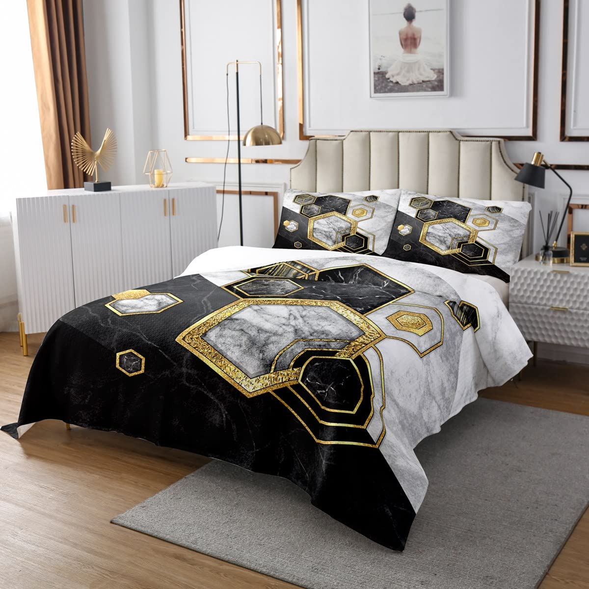 Castle Fairy Marble Bedspread Set Twin Size - Geometric Hexagon Print Comforter with Modern Marbling Design for Kids & Teens | Black Grey Gold Bedding for Boys & Girls Room Decor | Perfect for Dorm, Bedroom & Sleepovers