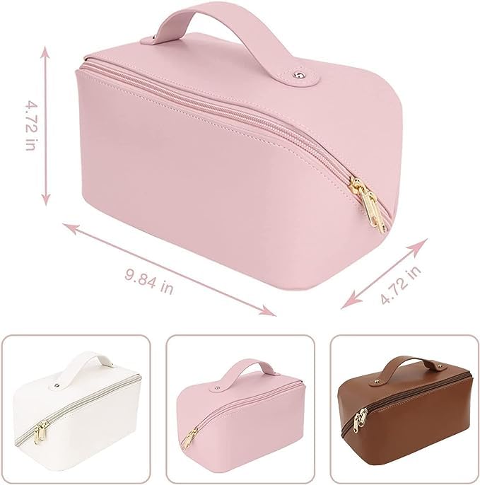 BRIGHTZONE Large Capacity Waterproof Leather Makeup Travel Bag with Handle & Dividers - Portable Cosmetic Organizer for Toiletries, Brushes & Skincare (Multicolor) - Perfect for Travel, Gym & Daily Organization