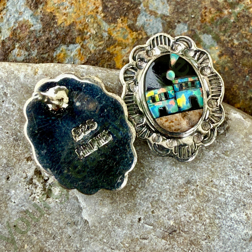 Sterling Silver Opal Jasper & Jet Inlay Pueblo Landscape Pierced Earrings for Women | Handmade Native American Jewelry | Perfect for Boho, Festival & Everyday Wear