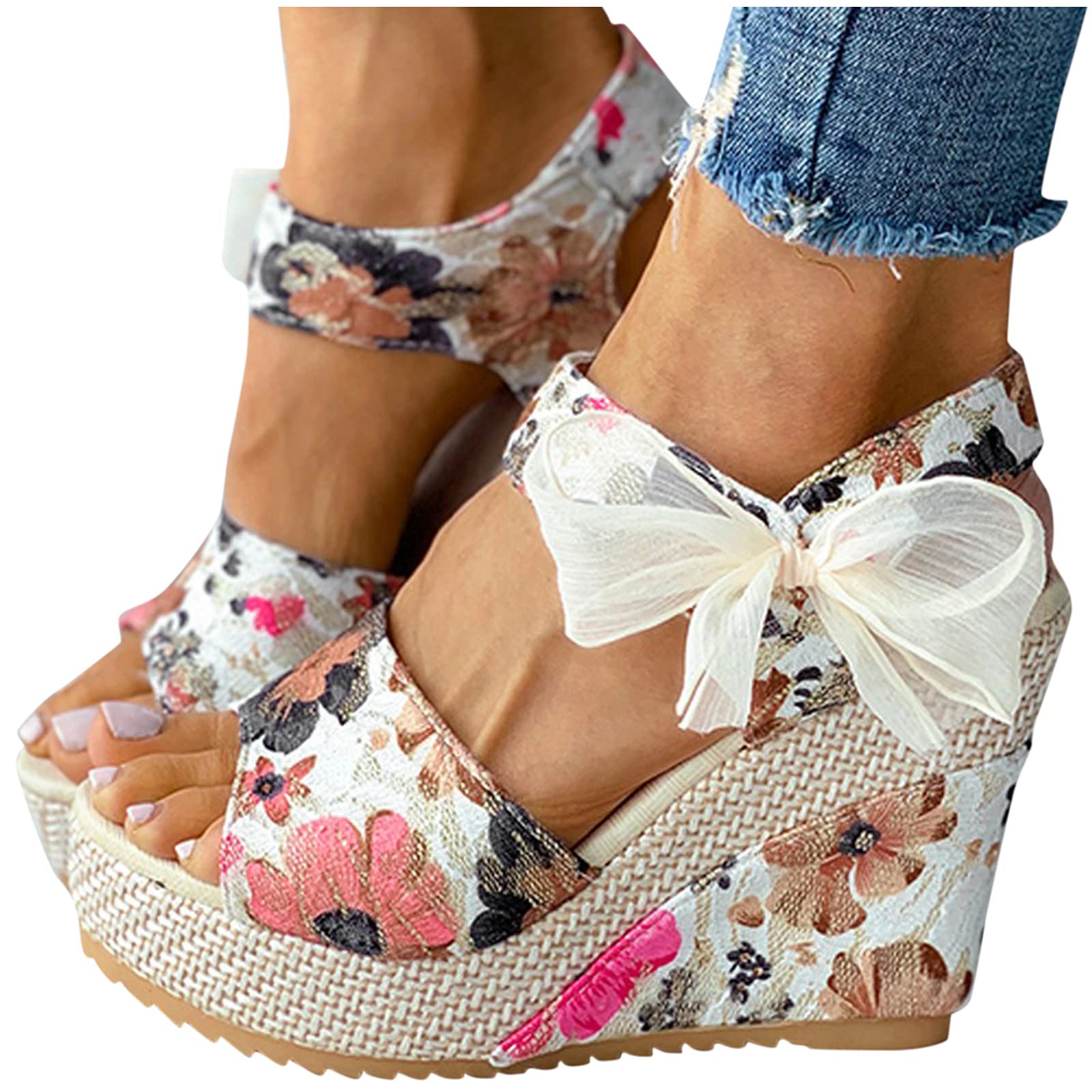 Trendy Women's Open Toe Tie-Up Espadrille Wedge Sandals with Floral Design - Comfortable Slide Wedges for Summer Beach, Vacation & Casual Outfits