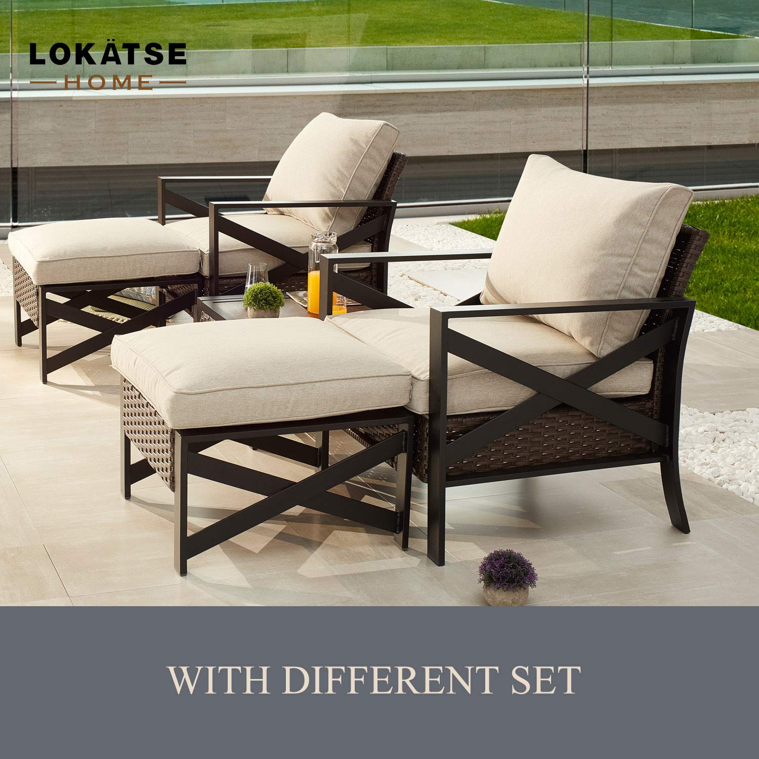 LOKATSE HOME Outdoor Metal Patio Bistro Table with X-Shaped Steel Legs & Wicker Rattan Top - Brown Side Table for Coffee, Garden, Balcony, and Poolside Use