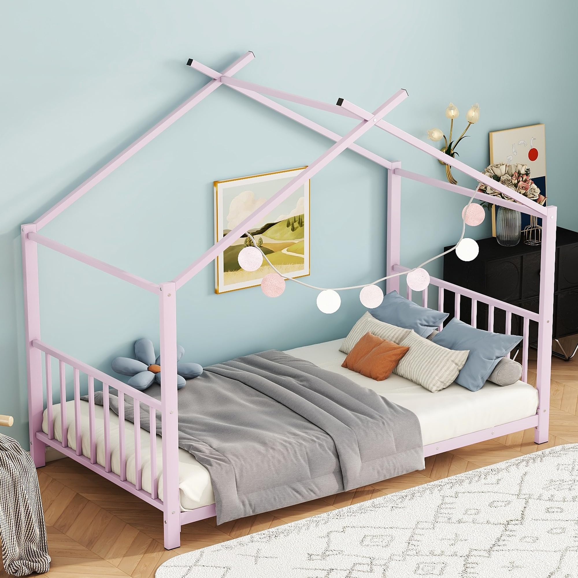 Montessori Twin Size Floor Bed for Kids - Sturdy Metal Frame with High Headboard & Roof - Pink House Bed for Boys & Girls - Perfect for Bedroom, Playroom & Montessori Learning Spaces