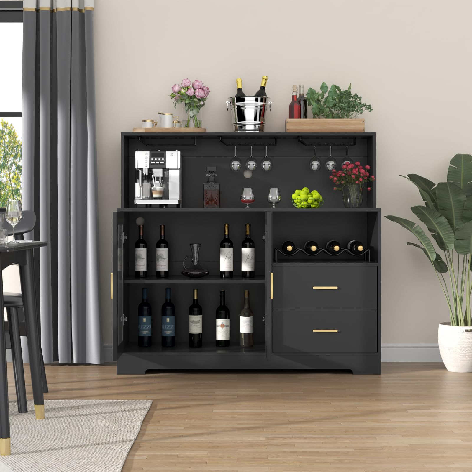 Modern LED Wine Bar Cabinet with Glass Rack & Storage Drawers - Kitchen Buffet Sideboard for Liquor, Coffee & Dining Essentials - Perfect for Living Room, Dining Room & Home Entertainment (Black)