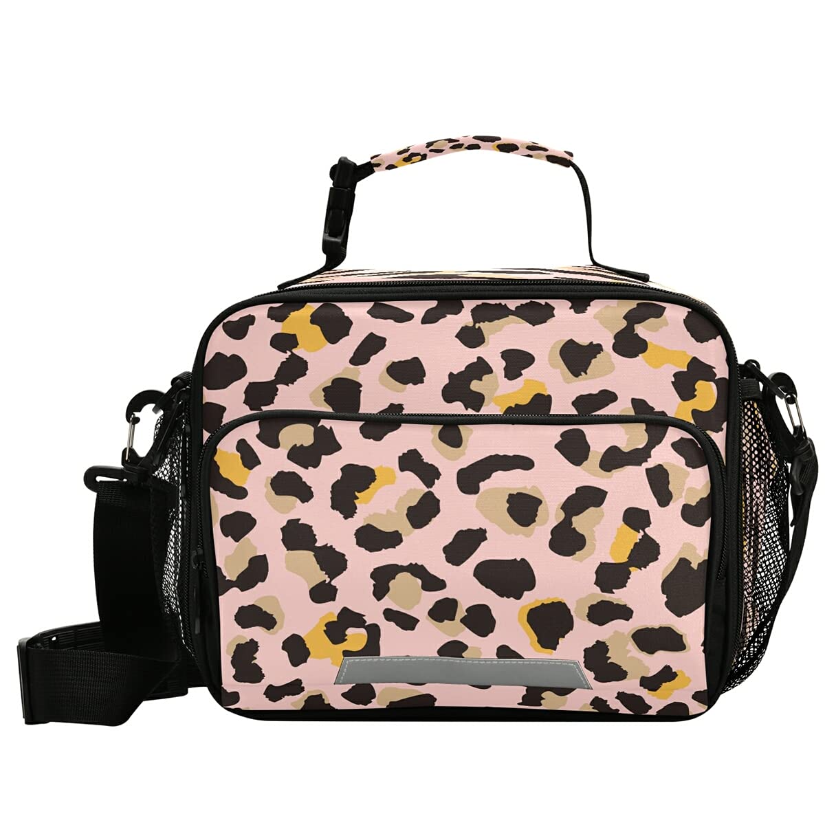 Insulated Leopard Print Lunch Bag for School, Work & Picnics - Adjustable Shoulder Strap Lunch Box for Teens, Kids & Adults - Pink with Black/Brown Leopard Design - Perfect for Students, Office & Outdoor Activities