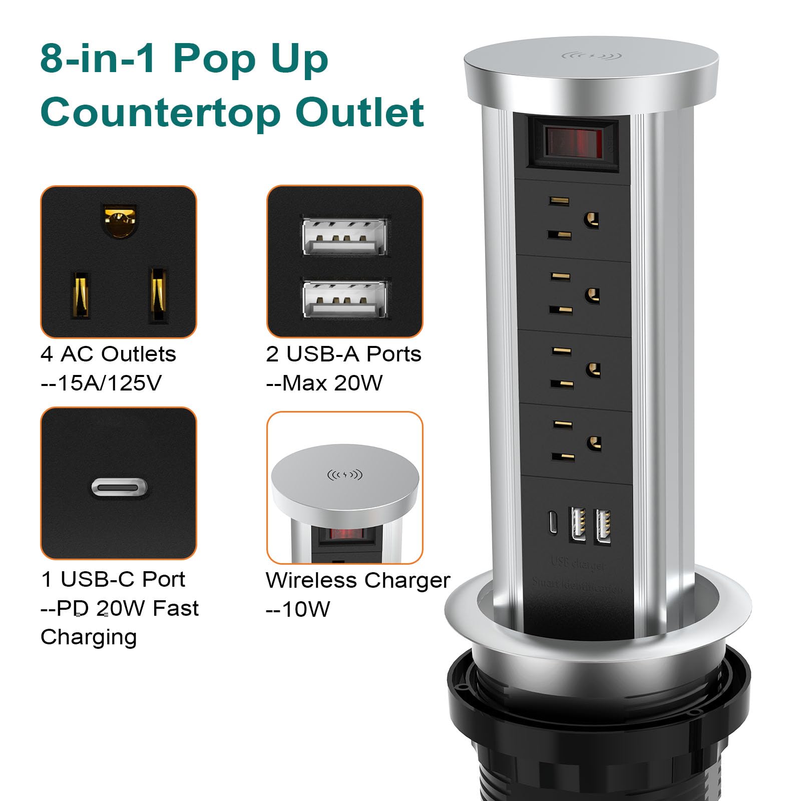 QBA Pop Up Outlet with 20W USB-C & 10W Wireless Charger - 4 AC Outlets & 3 USB Ports Recessed Power Strip for Kitchen Island, Office, Countertop - Flush Mount Electrical Outlet (Black) | Perfect for Home, Office & Coffee Shop Charging Stations