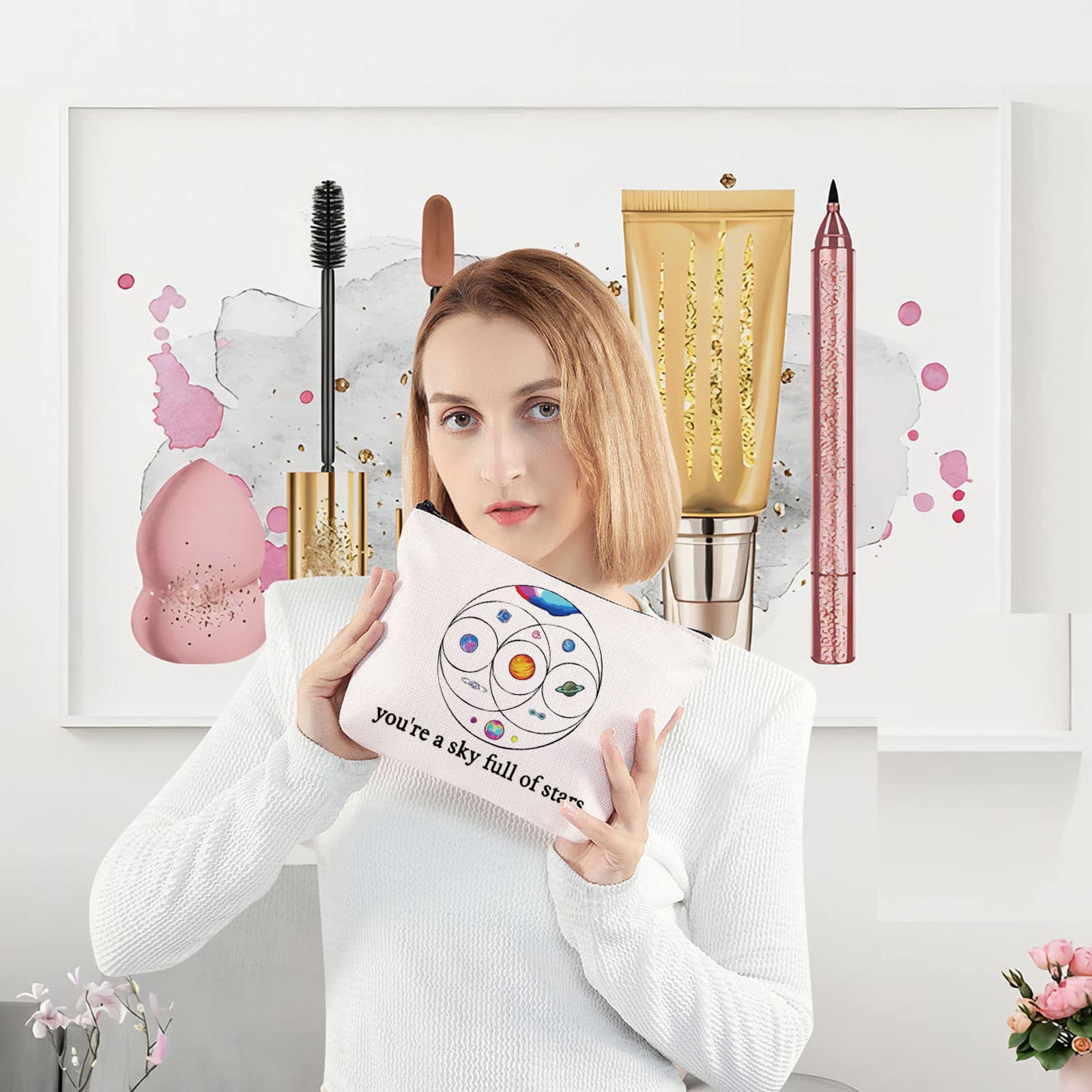 LEVLO Star Moon Sun Cosmetic Makeup Bag for Women - Cute Music Band Themed Zipper Pouch, Perfect Gift for Girls & Music Lovers (Great for Travel, Gym & Daily Organizer)