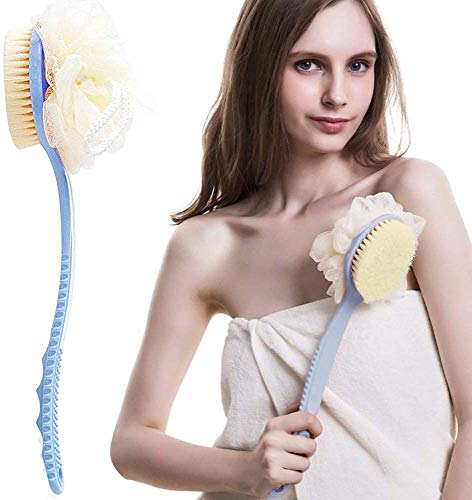 Exfoliating Body Brush with Bristles & Loofah Sponge - Long Curved Handle Shower Brush for Men & Women - Skin Cleansing & Dead Cell Removal - Perfect for Bath, Spa & Dry Brushing (Color May Vary)