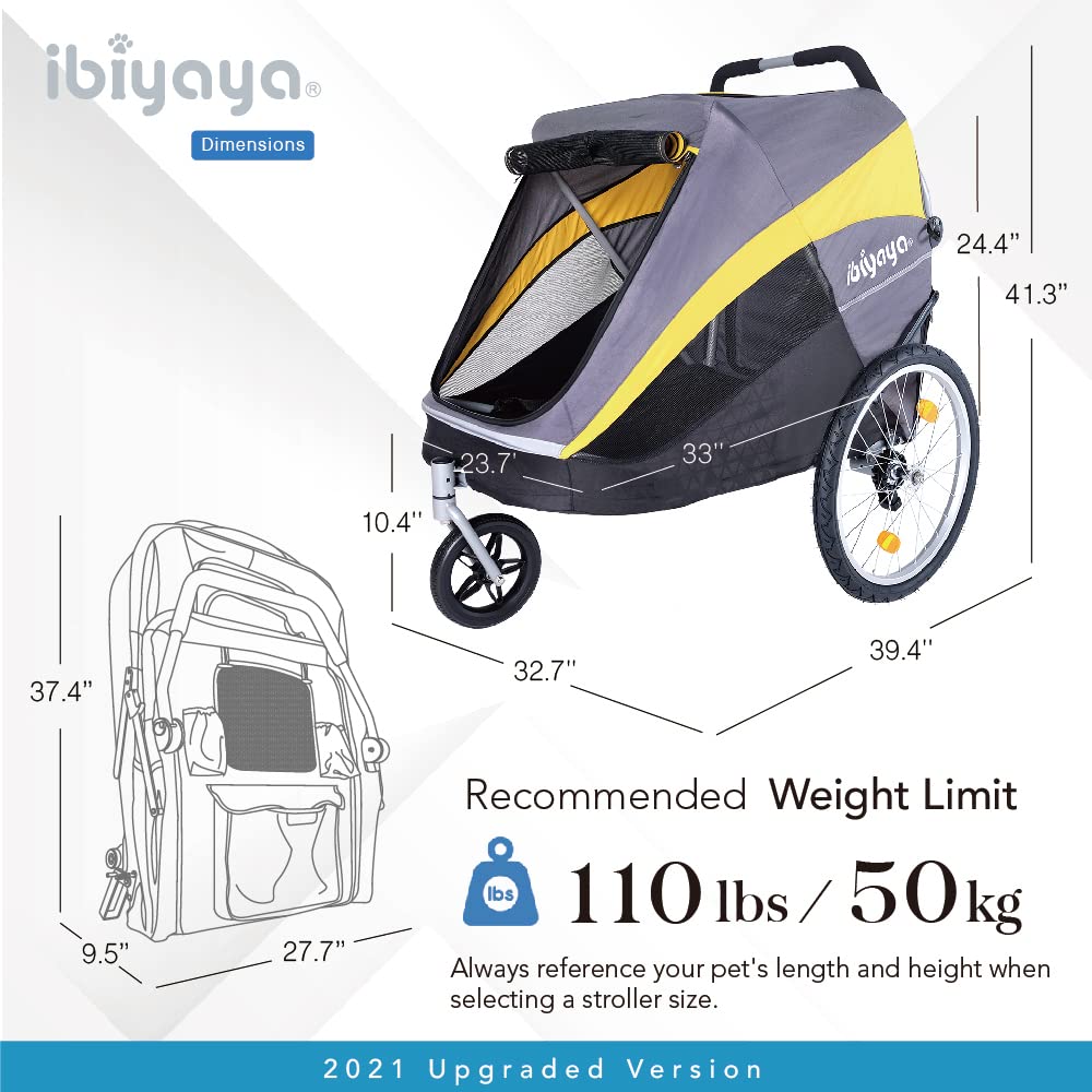 Ibiyaya Hercules Large Dog Stroller for Big Dogs & Cats - Foldable Pet Carrier with Spacious Interior & Air-Filled Tires for Smooth Ride - Black & Yellow - Perfect for Outdoor Walks, Vet Visits & Shopping Trips