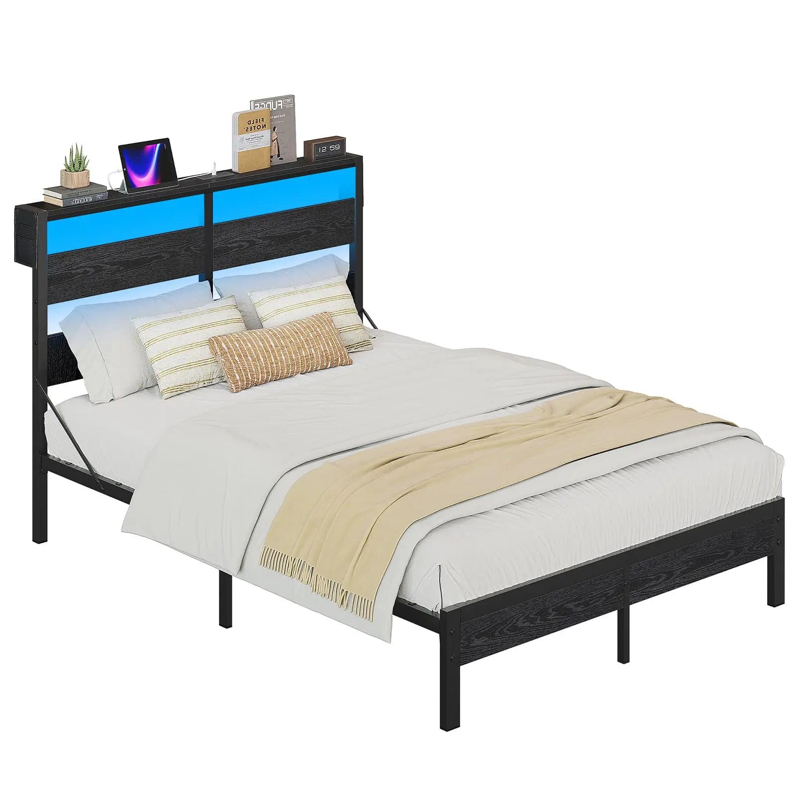 Bestier Queen Bed Frame with Storage Headboard & USB Charging Station - Modern Platform Bed with Underbed Storage for Small Spaces, Bedroom Organization & Phone Charging Convenience
