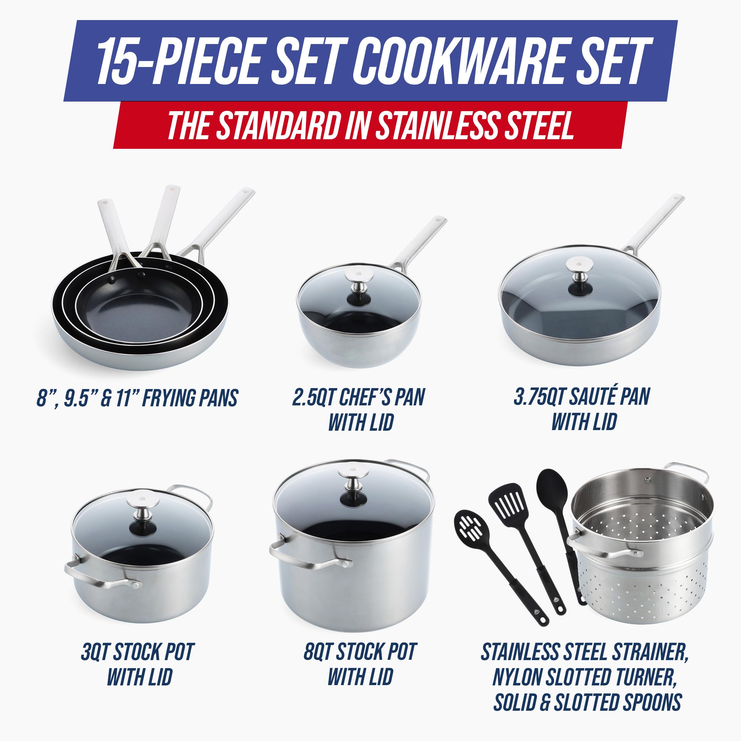 Blue Diamond 15-Piece Tri-Ply Stainless Steel Cookware Set - Healthy Ceramic Nonstick, Induction Compatible Pots & Pans | PFAS & PFOA-Free, Dishwasher & Oven Safe up to 600°F, Metal Utensil Friendly | Perfect for Everyday Cooking, Family Meals & Professional Kitchens