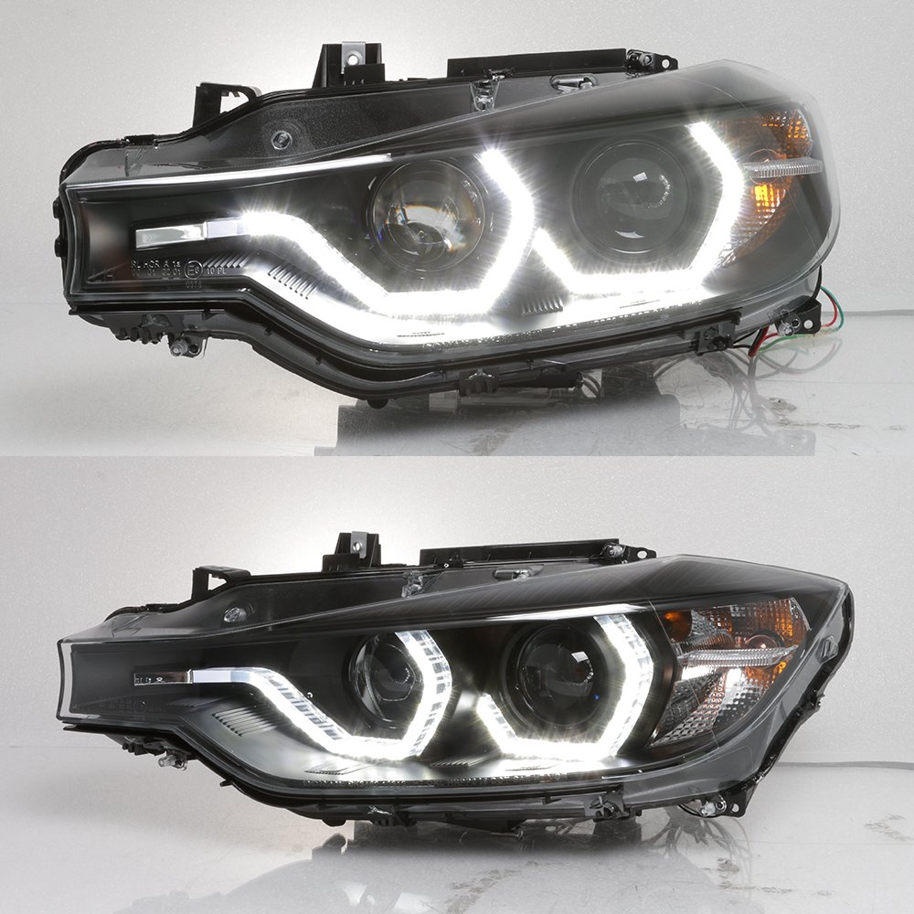AKKON LED Projector Headlights for BMW F30 3-Series Sedan (2012-2018) - Black Bezel Dual U-Halo Ring Replacement Headlights - Upgrade Your Night Driving Experience