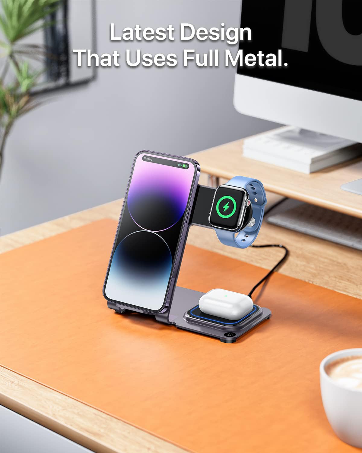 2024 Upgraded 3-in-1 Intoval Metal Wireless Charging Station - Fast Qi Charger for iPhone 16/15/14/13 Series, Apple Watch 10/9/8/Ultra, AirPods Pro 2/3/4 | Sleek Gray Design | Perfect for Bedside, Office & Travel Charging