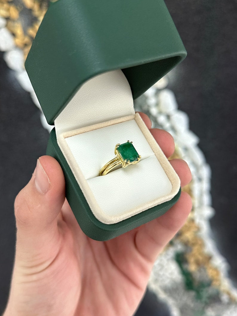 3.28ct 18K Gold Deep Dark Green Emerald Cut Solitaire Ring with 4 Double Prong Setting - Elegant Jewelry for Weddings, Engagements & Special Occasions