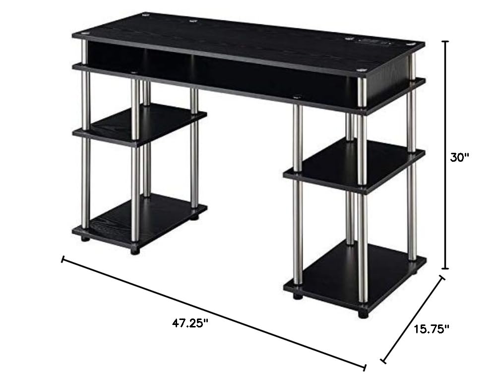 Modern Black Wood Finish Student Desk with Built-in Charging Station - Perfect for Small Spaces, Dorm Rooms & Home Office Study Areas
