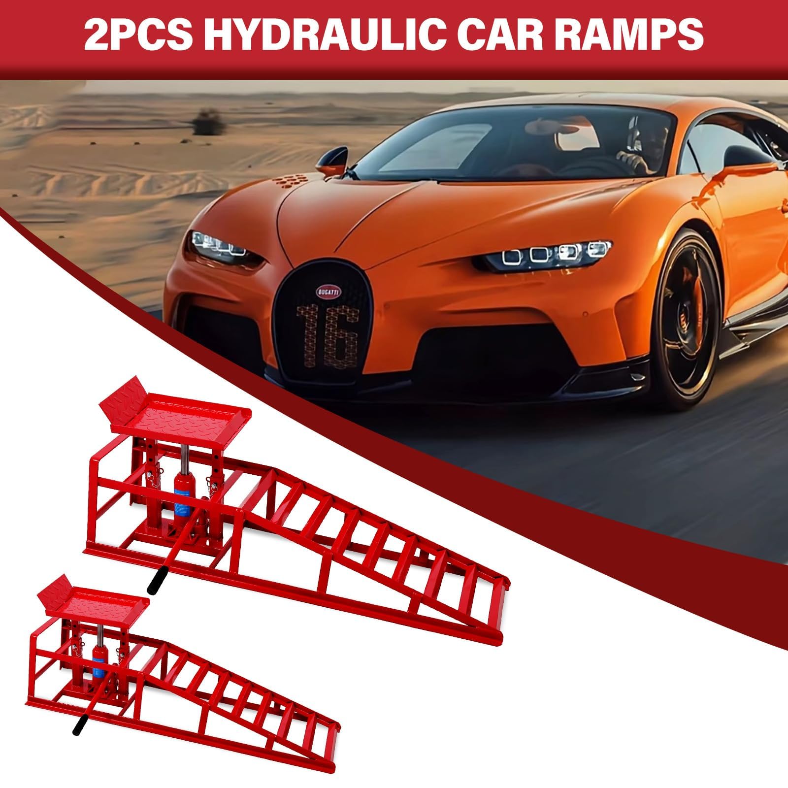 2PCS Heavy Duty Hydraulic Car Ramps - 5T/10000LBS Capacity Vehicle Ramps for Auto Repair, Low Profile Portable High Lift Car Ramps for Home Garage & Vehicle Maintenance (Red) - Perfect for Oil Changes, Tire Rotations & DIY Auto Repairs