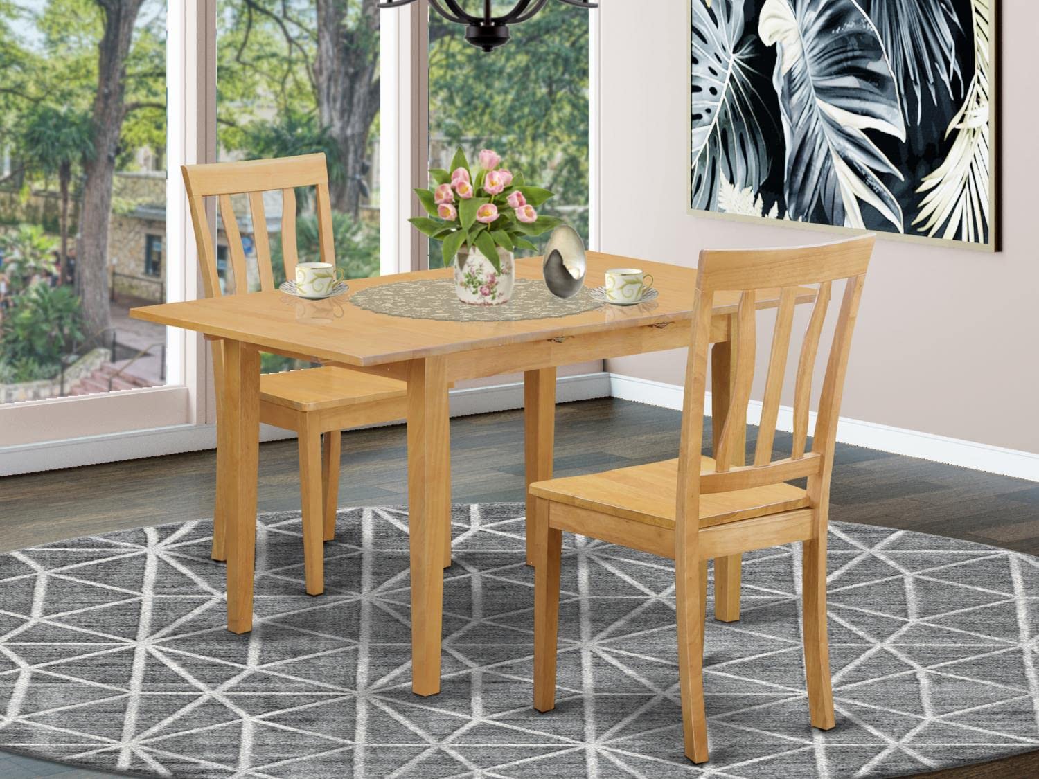 East West Furniture NOAN3-OAK-W 3 Piece Oak Dining Table Set with Butterfly Leaf & 2 Chairs, 32x54 Inch - Perfect for Small Kitchens, Breakfast Nooks & Cozy Dining Spaces