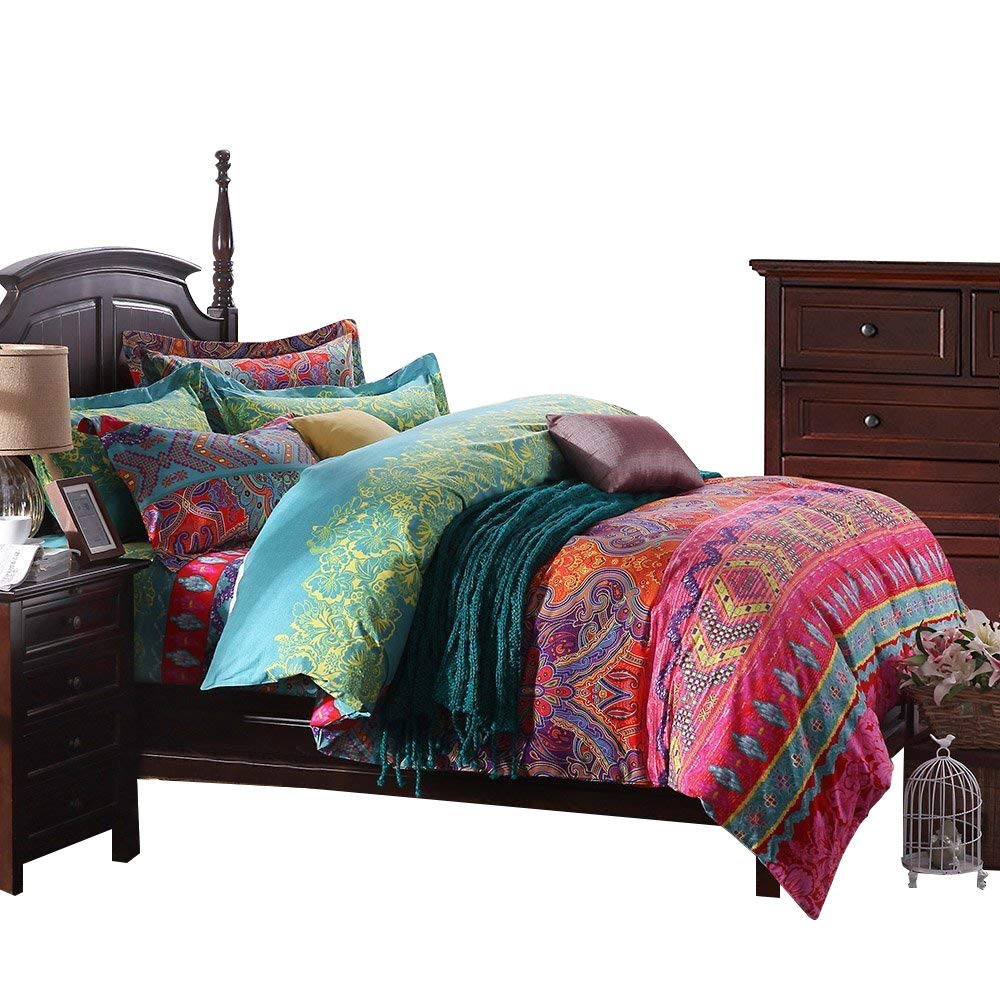 4-Piece Bohemian Ethnic Queen Size Bedding Set - Brushed Cotton Boho Duvet Cover with Flat Sheet, Ultra Soft Comforter Cover Set (No Comforter Included) - Perfect for Cozy Bedrooms, Guest Rooms & Bohemian Home Decor