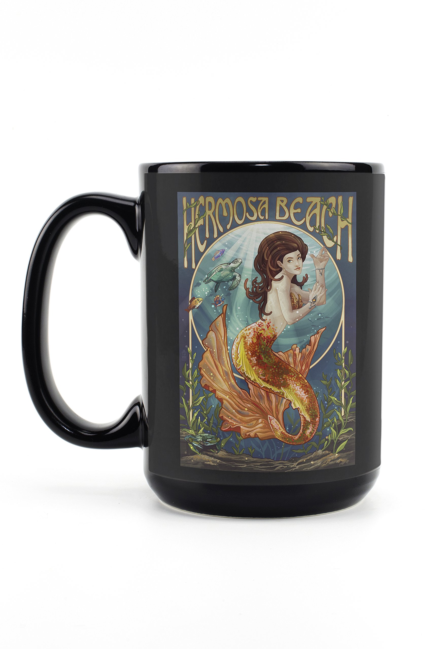 Lantern Press Hermosa Beach California Mermaid 15oz Black Ceramic Coffee Mug - Microwave & Dishwasher Safe - Perfect for Home, Office & Gift Giving